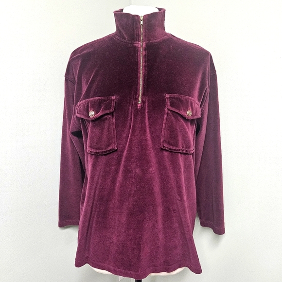 Jones New York Sport Velour 1/4 Zip Pullover Top Merlot Red Burgundy L or XL - Picture 1 of 12